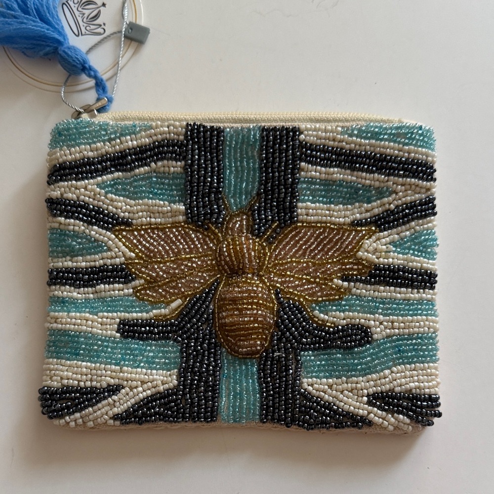 Beaded Bee Motif new Zip Pouch in Aqua and Gold, high quality! 4.5”x 6”. Perfect